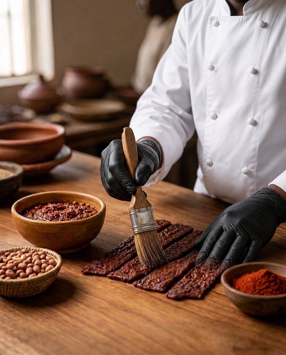 A chef in a white chef's gown and food-safe gloves brushing spice paste onto strips of kilishi at a wooden preparation table
